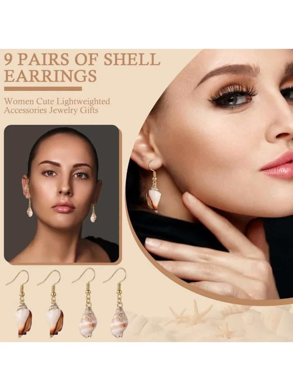 Natural Conch Drop Earrings - 9 Pairs Seashell Jewelry for Women, Boho Chic